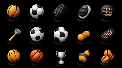 Sports Icons - Icons representing sports and fitness activities, such as balls, gear, and trophies, ideal for sports websites, apps, and event marketing.