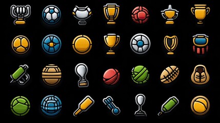 Sports Icons - Icons representing sports and fitness activities, such as balls, gear, and trophies, ideal for sports websites, apps, and event marketing.