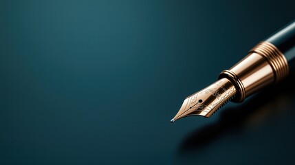 Elegant golden fountain pen nib resting on dark teal surface
