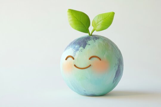 A happy Earth globe with two green leaves on top, symbolizing environmental protection and sustainability.