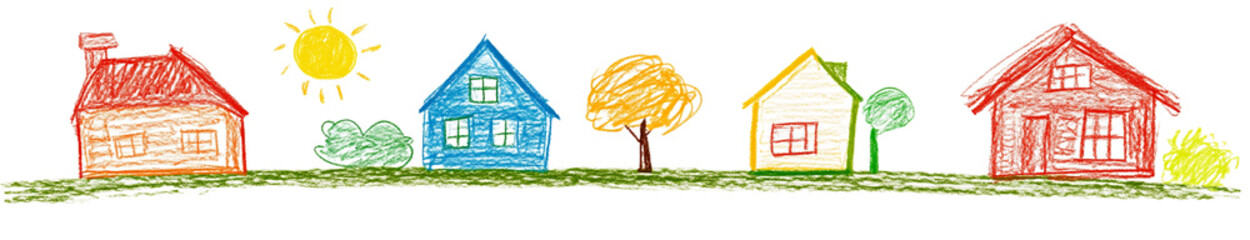 Set of four colorful childlike house icons with simple crayon-style drawings, isolated on transparent background

