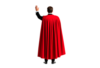 Man in a red cape standing with raised hand isolated on transparent background