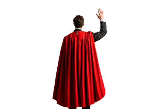Man in red cape waves cheerfully while standing isolated on transparent background