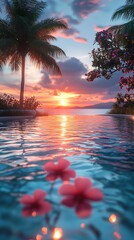 Serene Sunset with Floating Pink Flowers and Palm Trees by a Tranquil Pool


