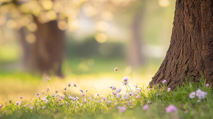 wildflowers spring to summer in the grass between trees