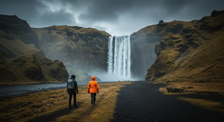 Two hikers admire a waterfall in a moody landscape  