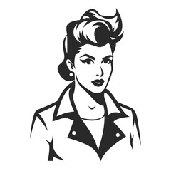 Retro Woman Portrait:  A stylish woman with a confident expression, sporting a classic 50s hairstyle and leather jacket, depicted in a bold, black and white vector art style. 