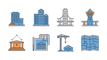 Modern city skyline featuring various buildings, towers, and architectural elements in blue tones.