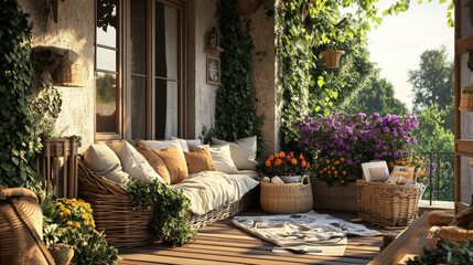 Fototapeta premium Interior design of warm terrace interior with garden armchair, pillows, vase with flowers, braided basket, plaid, big window, bowl, wooden floor and personal accessories. Home decor. Template.