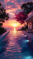 Serene Infinity Pool at Sunset with Vibrant Skies and Lush Trees

