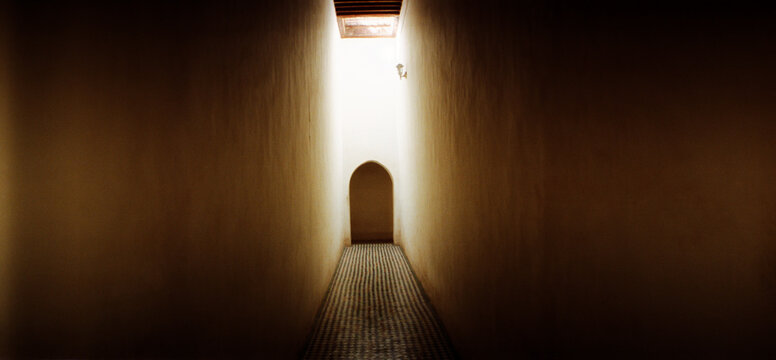 Panoramic corridor inside the Bahia Palace, Marrakesh, Morocco.