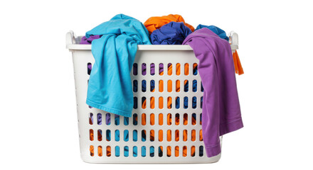 A laundry basket filled with colorful clothes ready for washing and cleaning in a bright setting