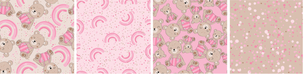 Set of seamless pattern for girls. cute bear, rainbow, dots on pink background.