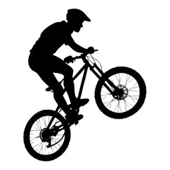 Fototapeta premium Silhouette of Mountain Biker: A silhouette of a mountain biker in mid-air, demonstrating extreme sports agility, with helmet and gear.