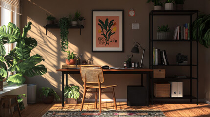 Fototapeta premium Creative composition of workplace interior with mock up poster frame, wooden desk, rattan chair, black rack, patterned rug, plant, brown wall, books and personal accessories. Home decor. Template.