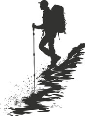 Fototapeta premium Silhouette of a hiker with trekking poles ascending a mountain trail, emphasizing outdoor adventure.