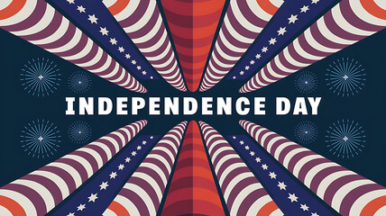 A stylized Independence Day graphic featuring a radiating American flag design with fireworks and the text INDEPENDENCE DAY in a bold sans-serif font