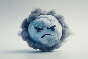 Angry snow globe surrounded by dark smoke, symbolizing climate change's impact.