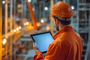 civil engineer or architect with hardhat on construction site checking schedule on tablet computer