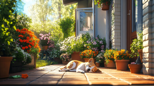 Stylish space of terrace and garden in small house. Beautiful dog lying on the floor. Spring summer time. 