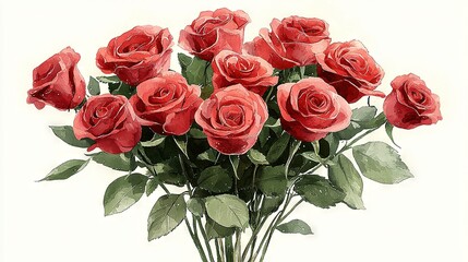   A depiction of a bouquet of red roses in a clear vase, rendered with watercolor on white parchment