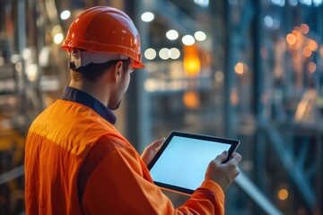 civil engineer or architect with hardhat on construction site checking schedule on tablet computer