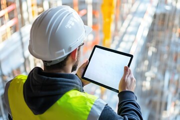 civil engineer or architect with hardhat on construction site checking schedule on tablet computer