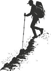 Fototapeta premium Silhouette of a hiker with backpack and walking stick on a rugged mountain trail.