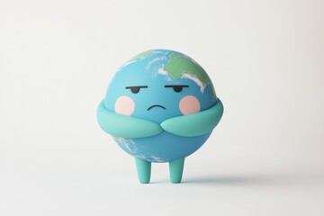 Sad Earth character with arms crossed, symbolizing environmental concerns and global issues.