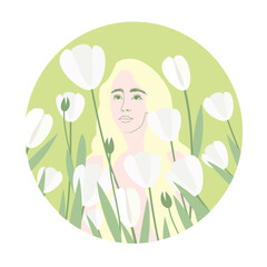 Gentle, beautiful portrait of a fair-haired young girl with long hair with white tulip flowers. Vector illustration inscribed in a circle. Advertising of care products