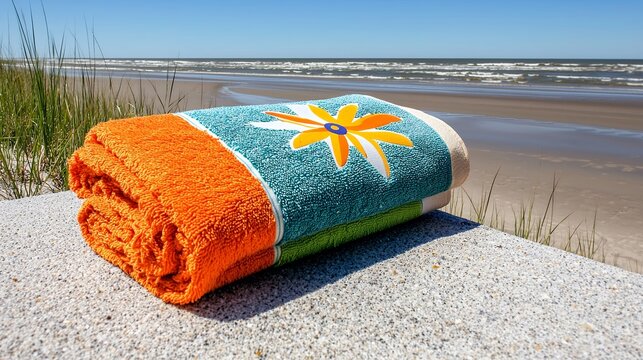 Bright Orange and Teal Beach Towel with Floral Embroidery on Sandy Dune