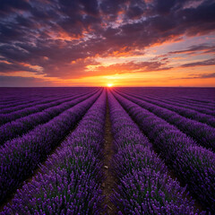 Obraz premium Lavender Field at Sunset: Stunning Purple Landscape