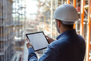 civil engineer or architect with hardhat on construction site checking schedule on tablet computer
