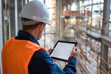 civil engineer or architect with hardhat on construction site checking schedule on tablet computer