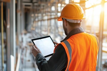 civil engineer or architect with hardhat on construction site checking schedule on tablet computer