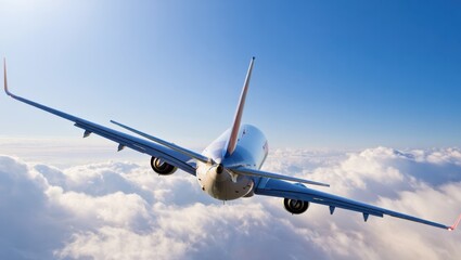Obraz premium A commercial airplane is flying high above a vast expanse of fluffy clouds. The sky is clear and sunny, creating a perfect backdrop for air travel