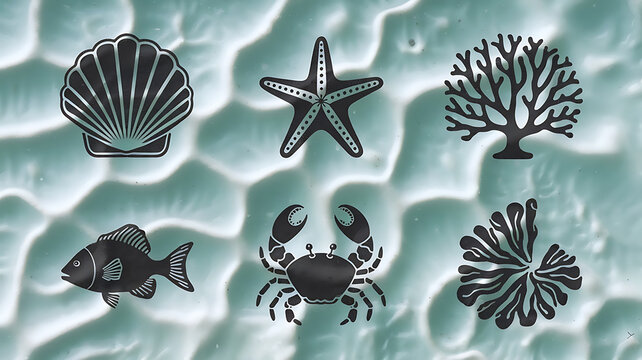Oceanic creatures silhouettes mint-toned water background graphic design
