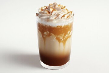 Iced coffee drink with layered caramel and whipped cream topping sprinkled with golden dust.