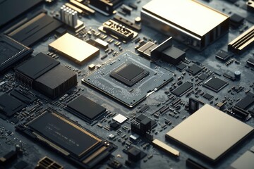 Close-up of a complex computer motherboard showcasing various integrated circuits and components.
