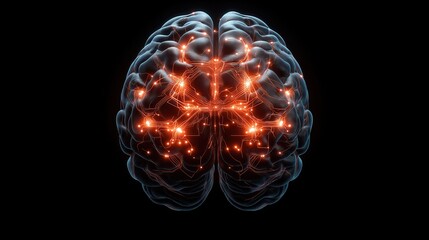 Illuminated brain graphic with neural connections and circuits.