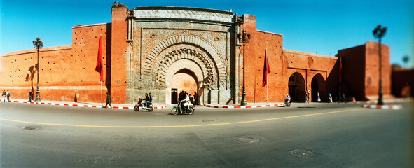 Panoramic street view of outside the medina in Marrakesh, Morocco.