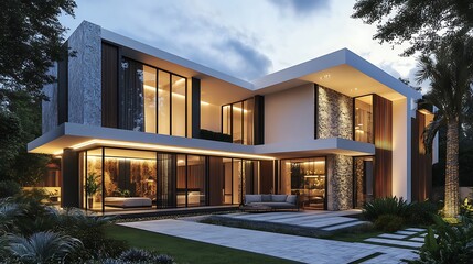 Fototapeta premium Sophisticated evening house design with warm indoor glow image