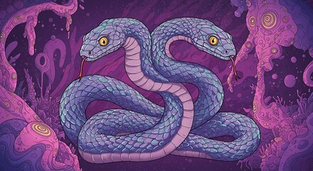 Obraz premium Two Headed Snake Illustration Entwined in Fantasy Purple Garden