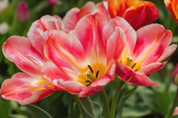 Obraz premium Bright pink and yellow tulips blooming in a vibrant garden during springtime