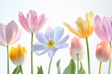 Fototapeta premium Pastel-colored tulips and a delicate flower create a serene and beautiful spring scene.
