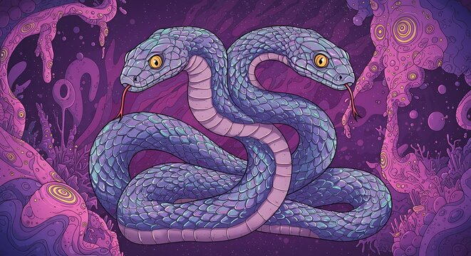 Two Headed Snake Illustration Entwined in Fantasy Purple Garden