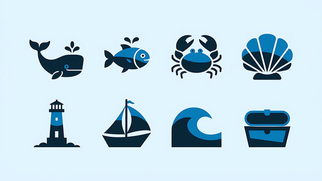Oceanic Icons: Blue sea creatures ships and waves