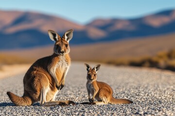 Kangaroos resting on a gravel road in the Australian outback during the late afternoon