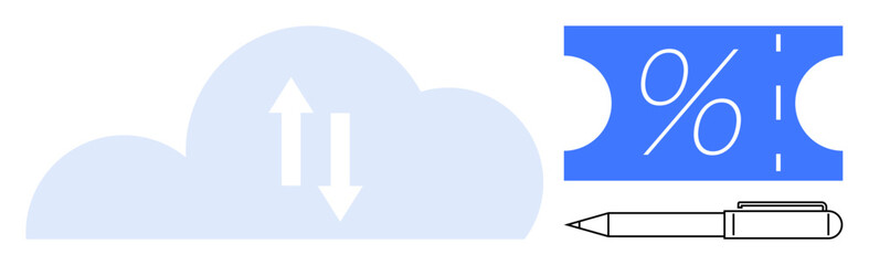 Cloud with up and down arrows, blue discount tag with percentage sign, pen nearby. Ideal for cloud computing, data transfer, discounts, offers, business deals solutions e-commerce. Abstract line