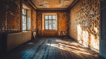 Fototapeta premium Abandoned room with peeling wallpaper and sunlight casting shadows on wooden floor in deserted building
